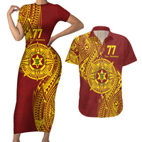Personalised Tonga High School 77th Anniversary Couples Matching Short Sleeve Bodycon Dress and Hawaiian Shirt Special Kupesi Pattern LT9 Gold - Polynesian Pride