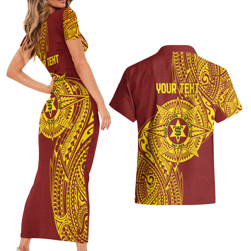Personalised Tonga High School 77th Anniversary Couples Matching Short Sleeve Bodycon Dress and Hawaiian Shirt Special Kupesi Pattern LT9 - Polynesian Pride