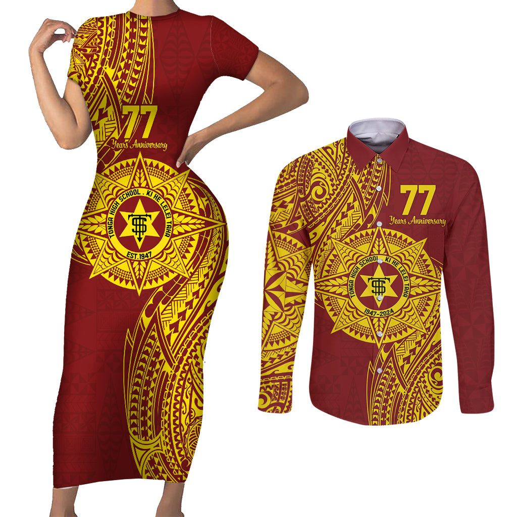 Personalised Tonga High School 77th Anniversary Couples Matching Short Sleeve Bodycon Dress and Long Sleeve Button Shirt Special Kupesi Pattern LT9 Gold - Polynesian Pride