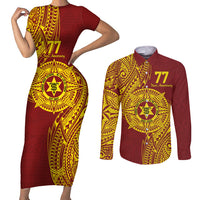 Personalised Tonga High School 77th Anniversary Couples Matching Short Sleeve Bodycon Dress and Long Sleeve Button Shirt Special Kupesi Pattern LT9 Gold - Polynesian Pride