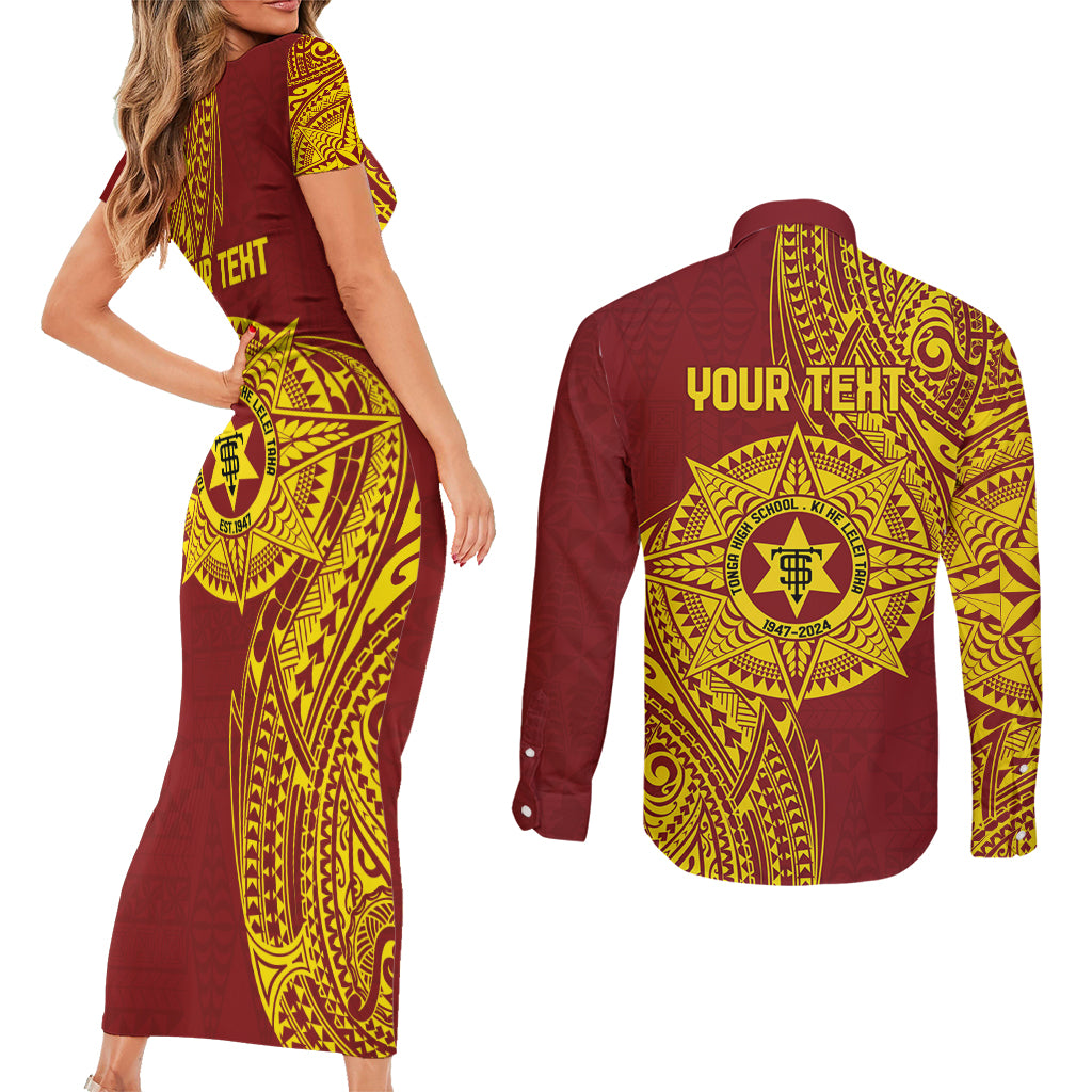 Personalised Tonga High School 77th Anniversary Couples Matching Short Sleeve Bodycon Dress and Long Sleeve Button Shirt Special Kupesi Pattern LT9 - Polynesian Pride