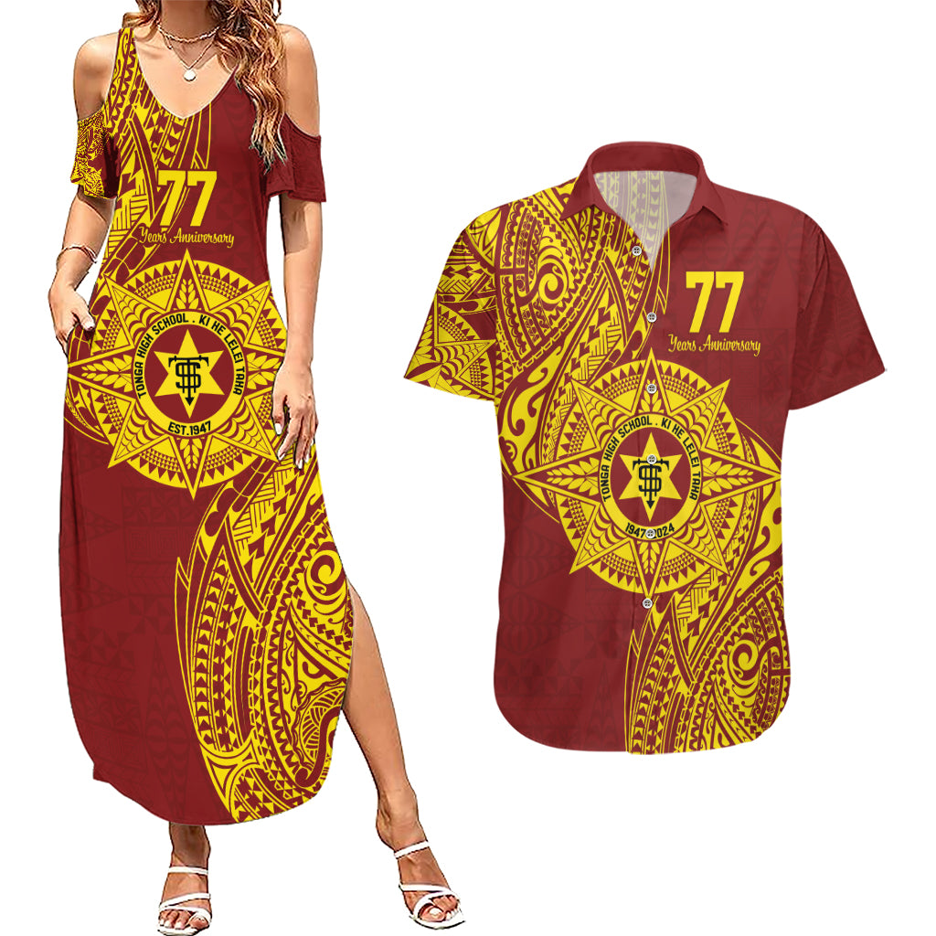 Personalised Tonga High School 77th Anniversary Couples Matching Summer Maxi Dress and Hawaiian Shirt Special Kupesi Pattern LT9 Gold - Polynesian Pride