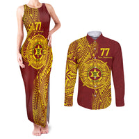 Personalised Tonga High School 77th Anniversary Couples Matching Tank Maxi Dress and Long Sleeve Button Shirt Special Kupesi Pattern LT9 Gold - Polynesian Pride
