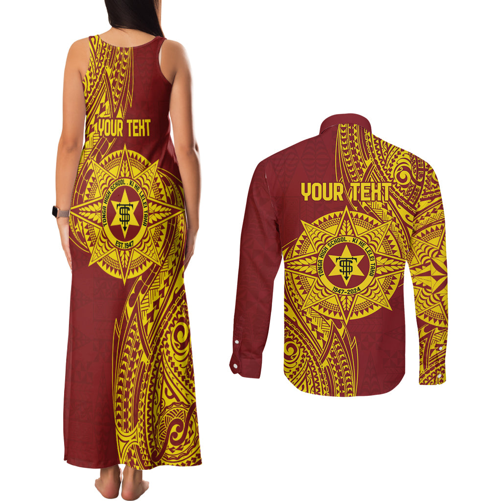 Personalised Tonga High School 77th Anniversary Couples Matching Tank Maxi Dress and Long Sleeve Button Shirt Special Kupesi Pattern LT9 - Polynesian Pride