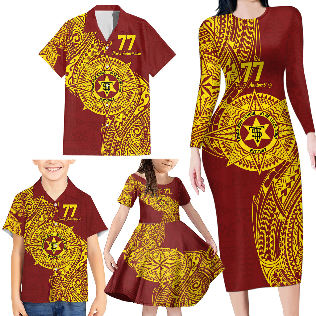 Personalised Tonga High School 77th Anniversary Family Matching Long Sleeve Bodycon Dress and Hawaiian Shirt Special Kupesi Pattern LT9 - Polynesian Pride