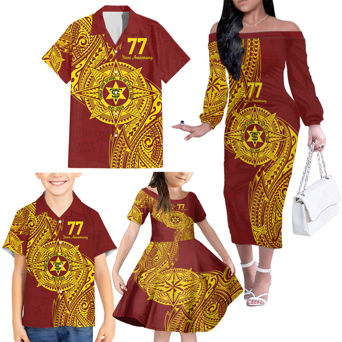 Personalised Tonga High School 77th Anniversary Family Matching Off The Shoulder Long Sleeve Dress and Hawaiian Shirt Special Kupesi Pattern LT9 - Polynesian Pride