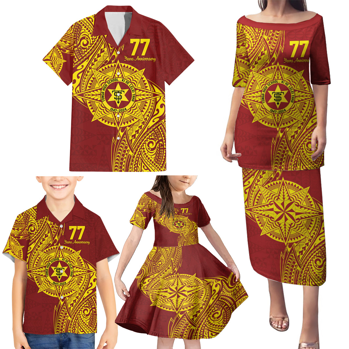 Personalised Tonga High School 77th Anniversary Family Matching Puletasi and Hawaiian Shirt Special Kupesi Pattern LT9 - Polynesian Pride