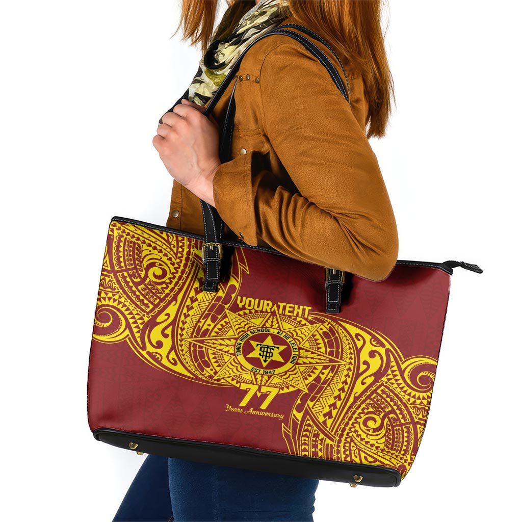 Personalised Tonga High School 77th Anniversary Leather Tote Bag Special Kupesi Pattern LT9 Gold - Polynesian Pride