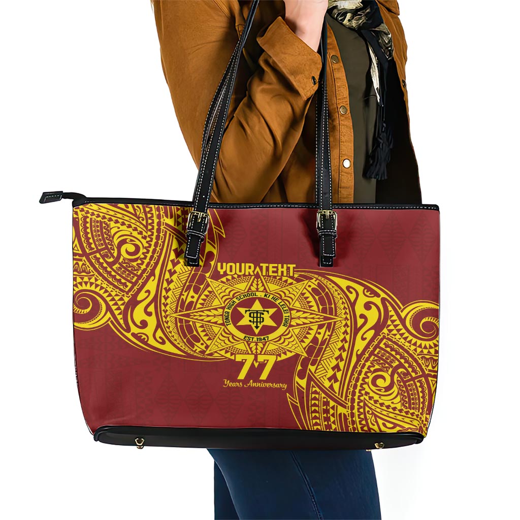 Personalised Tonga High School 77th Anniversary Leather Tote Bag Special Kupesi Pattern LT9 - Polynesian Pride
