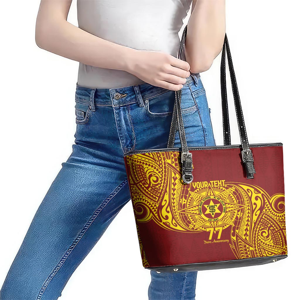 Personalised Tonga High School 77th Anniversary Leather Tote Bag Special Kupesi Pattern LT9 - Polynesian Pride