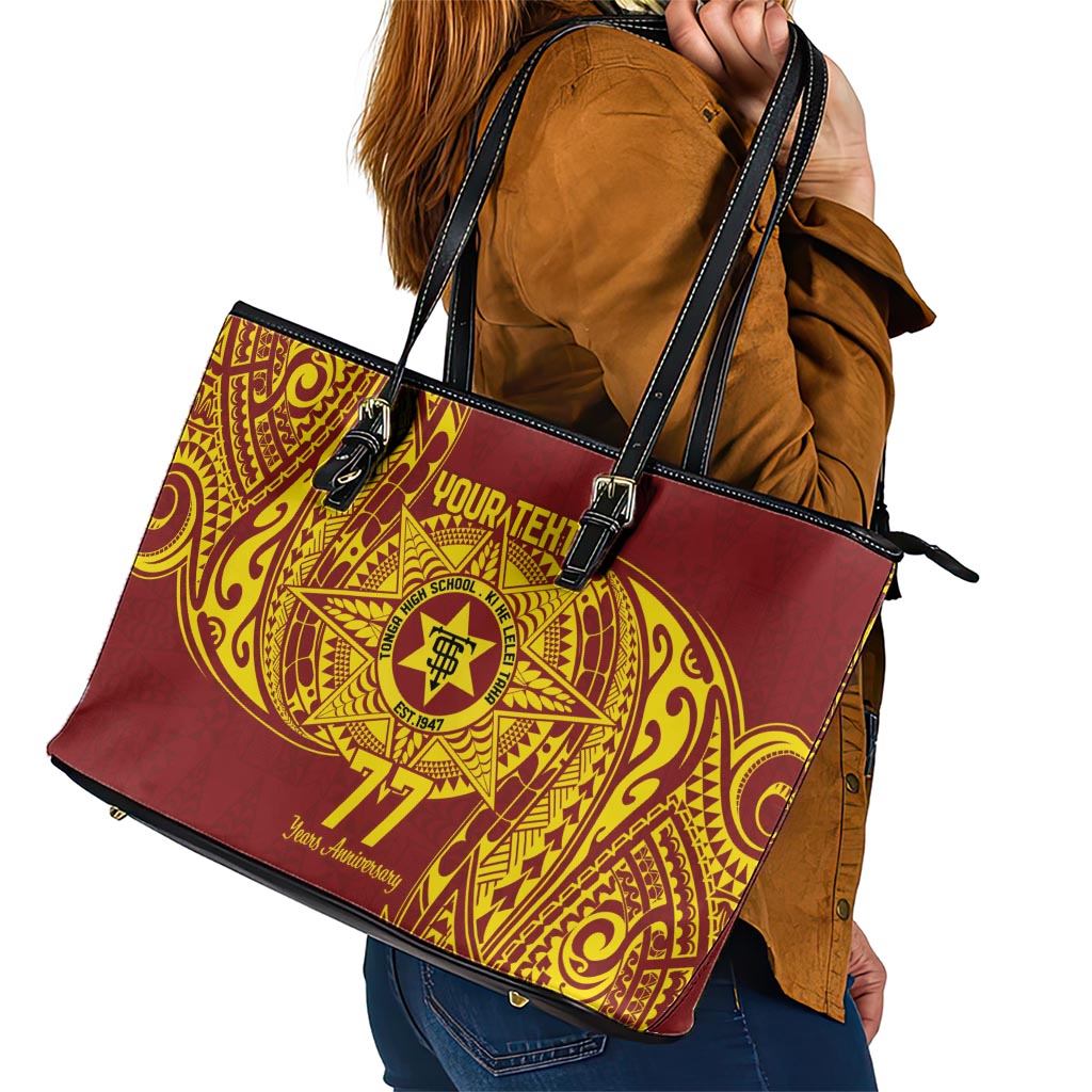 Personalised Tonga High School 77th Anniversary Leather Tote Bag Special Kupesi Pattern LT9 - Polynesian Pride