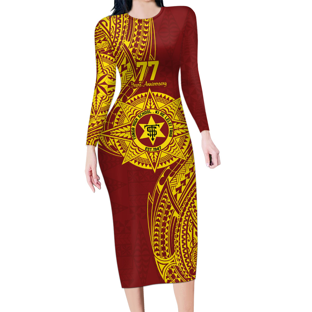 Personalised Tonga High School 77th Anniversary Long Sleeve Bodycon Dress Special Kupesi Pattern