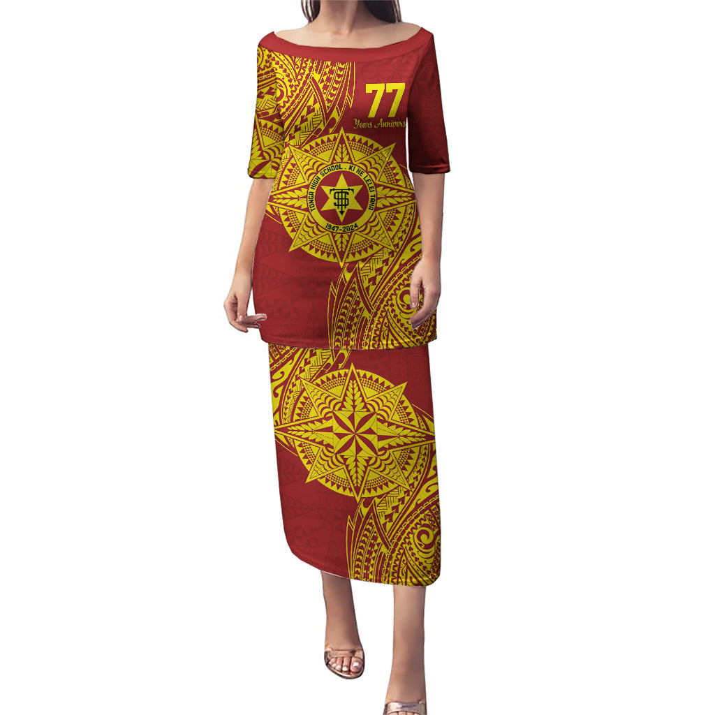 Personalised Tonga High School 77th Anniversary Puletasi Special Kupesi Pattern LT9 Long Dress Gold - Polynesian Pride