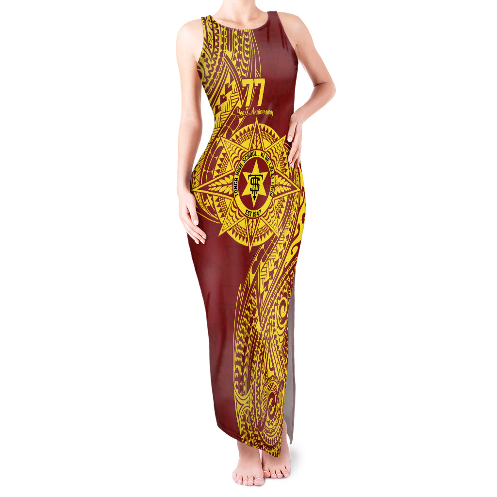 Personalised Tonga High School 77th Anniversary Tank Maxi Dress Special Kupesi Pattern LT9 Women Gold - Polynesian Pride