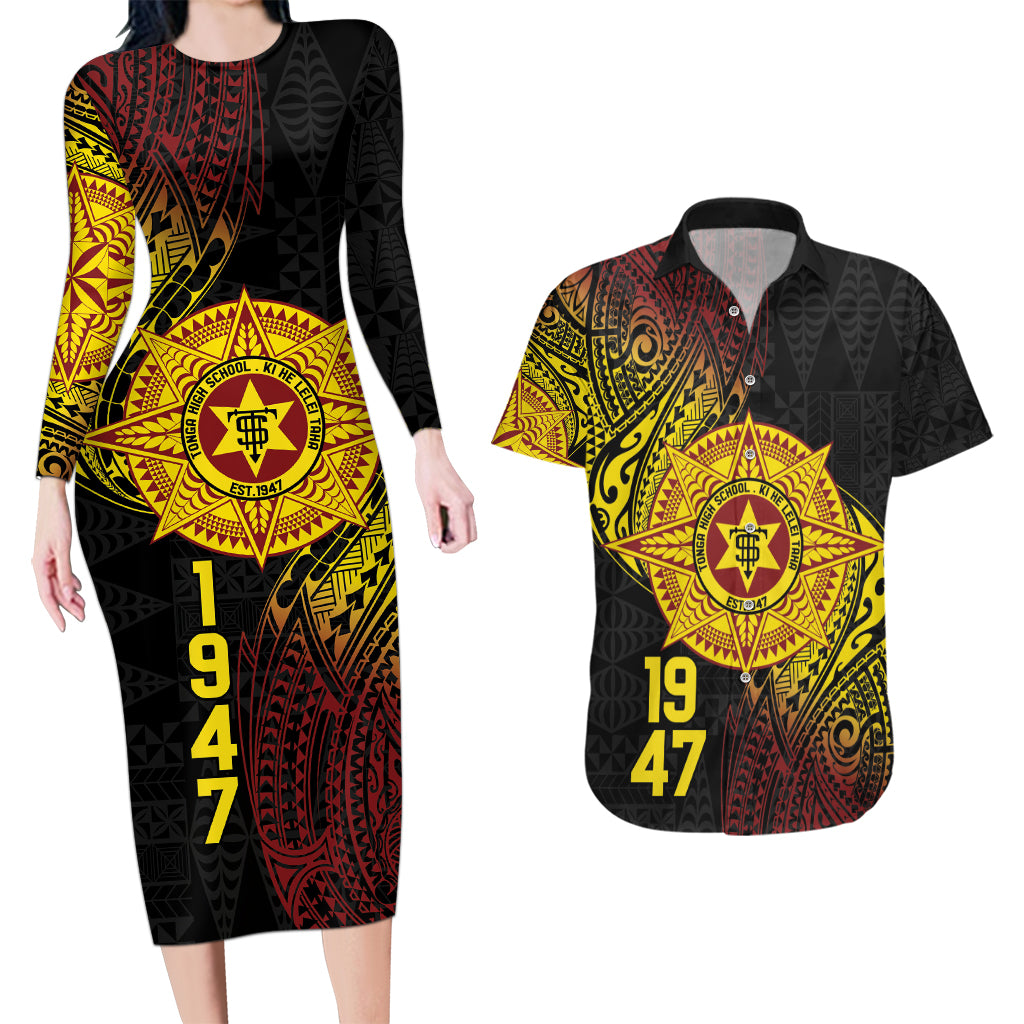 Personalised Tonga High School Couples Matching Long Sleeve Bodycon Dress and Hawaiian Shirt Since 1947 Special Kupesi Pattern LT9 Black - Polynesian Pride