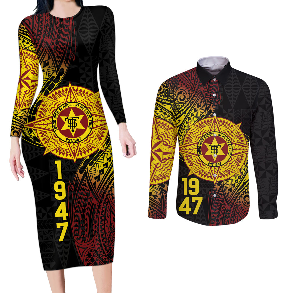 Personalised Tonga High School Couples Matching Long Sleeve Bodycon Dress and Long Sleeve Button Shirt Since 1947 Special Kupesi Pattern LT9 Black - Polynesian Pride