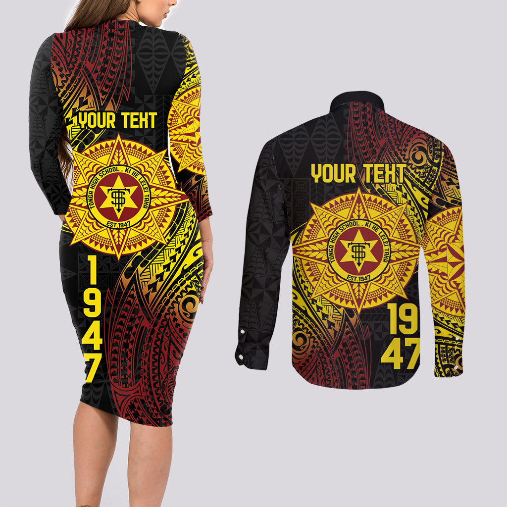 Personalised Tonga High School Couples Matching Long Sleeve Bodycon Dress and Long Sleeve Button Shirt Since 1947 Special Kupesi Pattern LT9 - Polynesian Pride