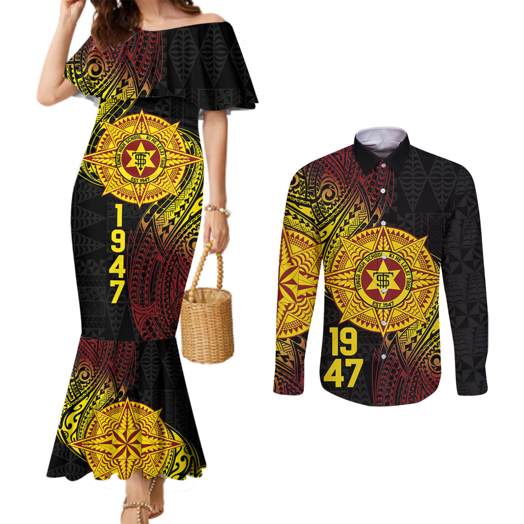 Personalised Tonga High School Couples Matching Mermaid Dress and Long Sleeve Button Shirt Since 1947 Special Kupesi Pattern LT9 Black - Polynesian Pride
