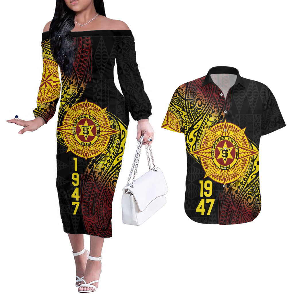 Personalised Tonga High School Couples Matching Off The Shoulder Long Sleeve Dress and Hawaiian Shirt Since 1947 Special Kupesi Pattern LT9 Black - Polynesian Pride