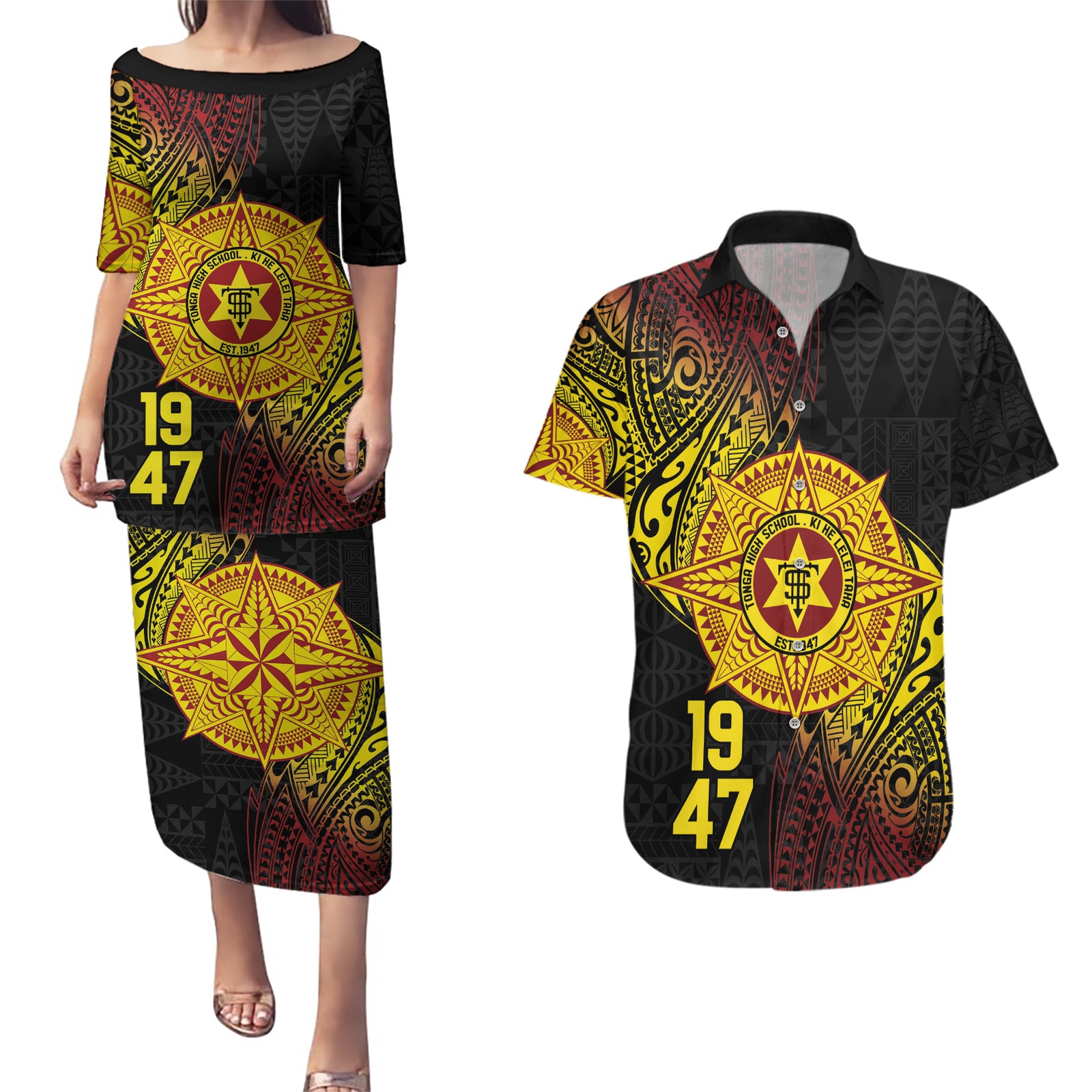 Personalised Tonga High School Couples Matching Puletasi and Hawaiian Shirt Since 1947 Special Kupesi Pattern LT9 Black - Polynesian Pride