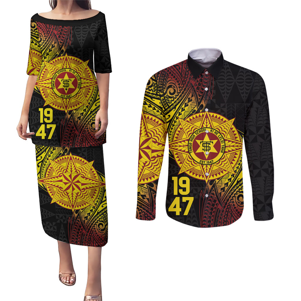 Personalised Tonga High School Couples Matching Puletasi and Long Sleeve Button Shirt Since 1947 Special Kupesi Pattern