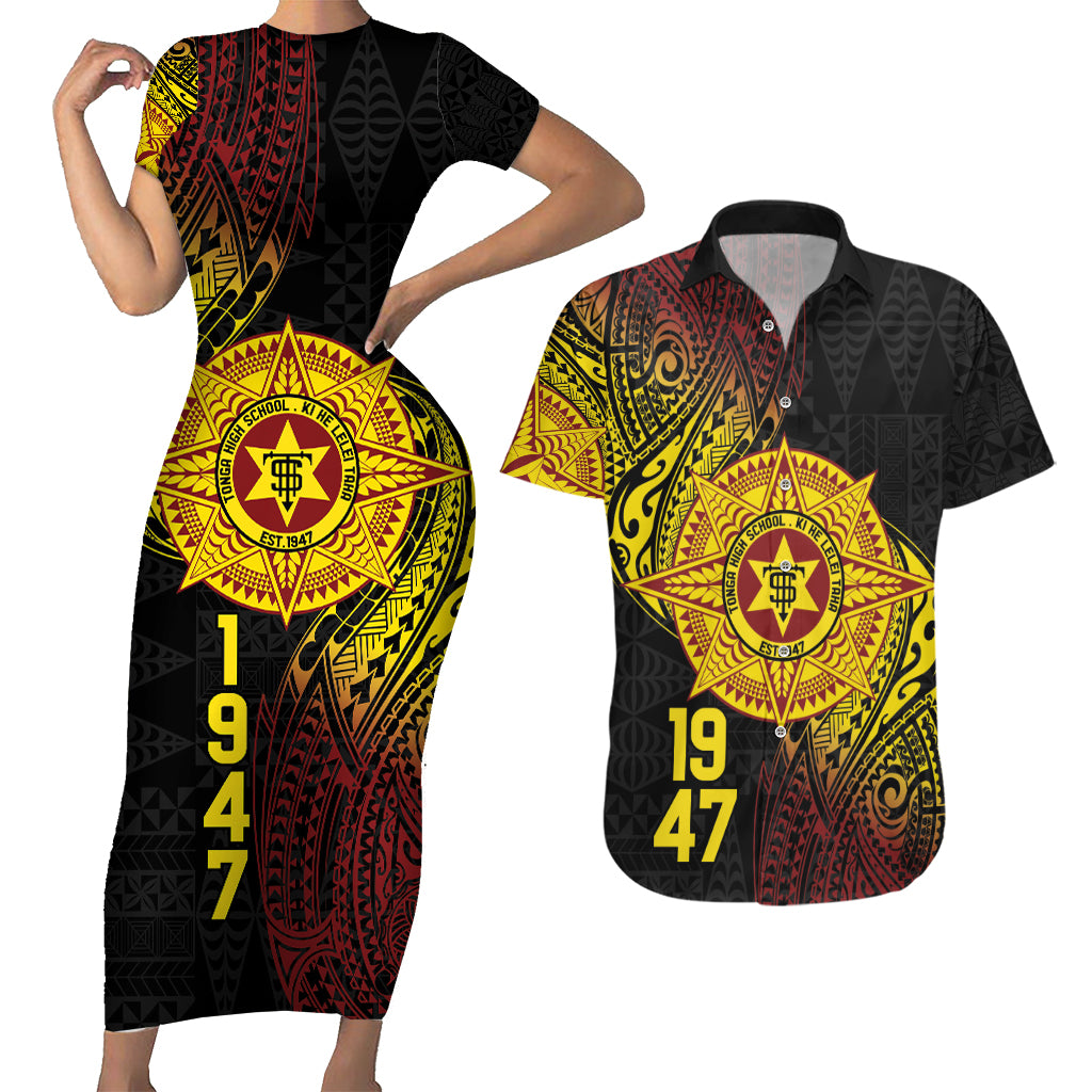 Personalised Tonga High School Couples Matching Short Sleeve Bodycon Dress and Hawaiian Shirt Since 1947 Special Kupesi Pattern LT9 Black - Polynesian Pride