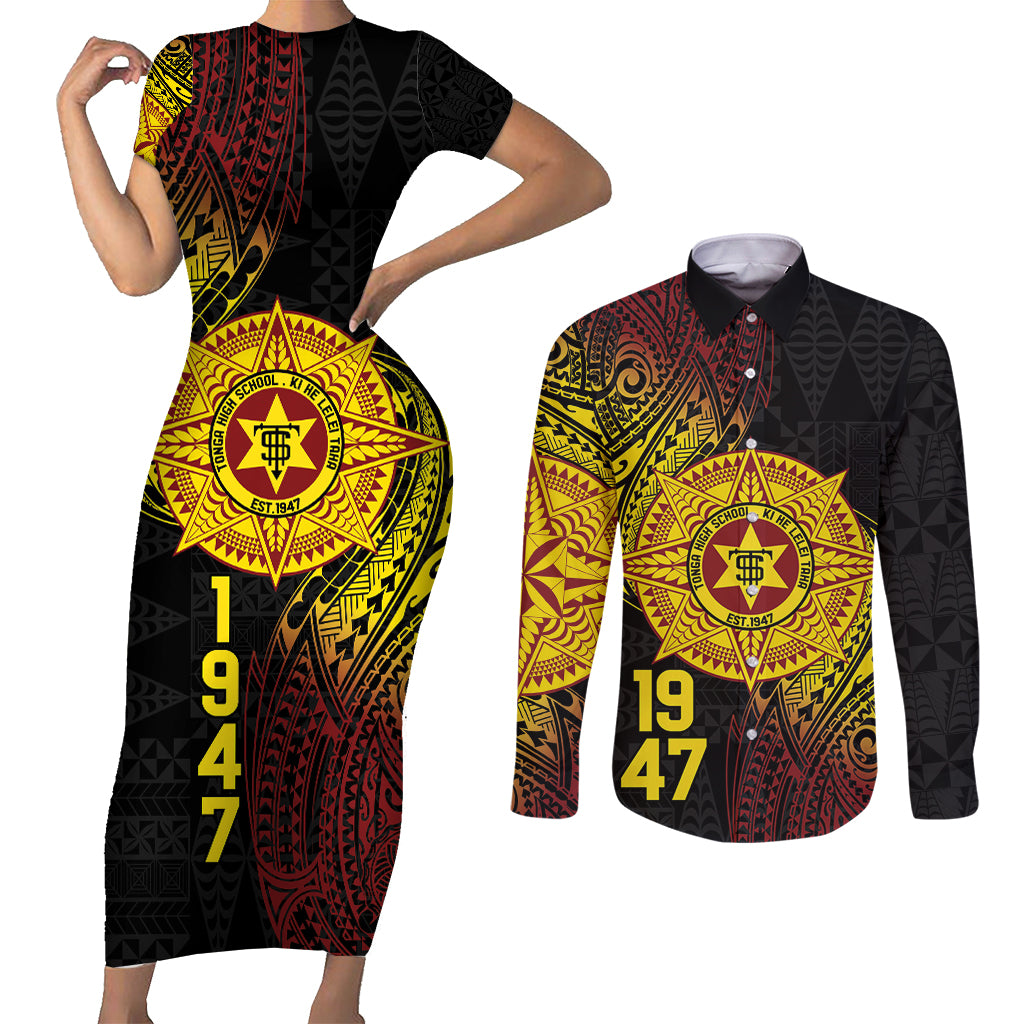 Personalised Tonga High School Couples Matching Short Sleeve Bodycon Dress and Long Sleeve Button Shirt Since 1947 Special Kupesi Pattern LT9 Black - Polynesian Pride