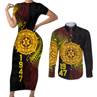 Personalised Tonga High School Couples Matching Short Sleeve Bodycon Dress and Long Sleeve Button Shirt Since 1947 Special Kupesi Pattern LT9 Black - Polynesian Pride