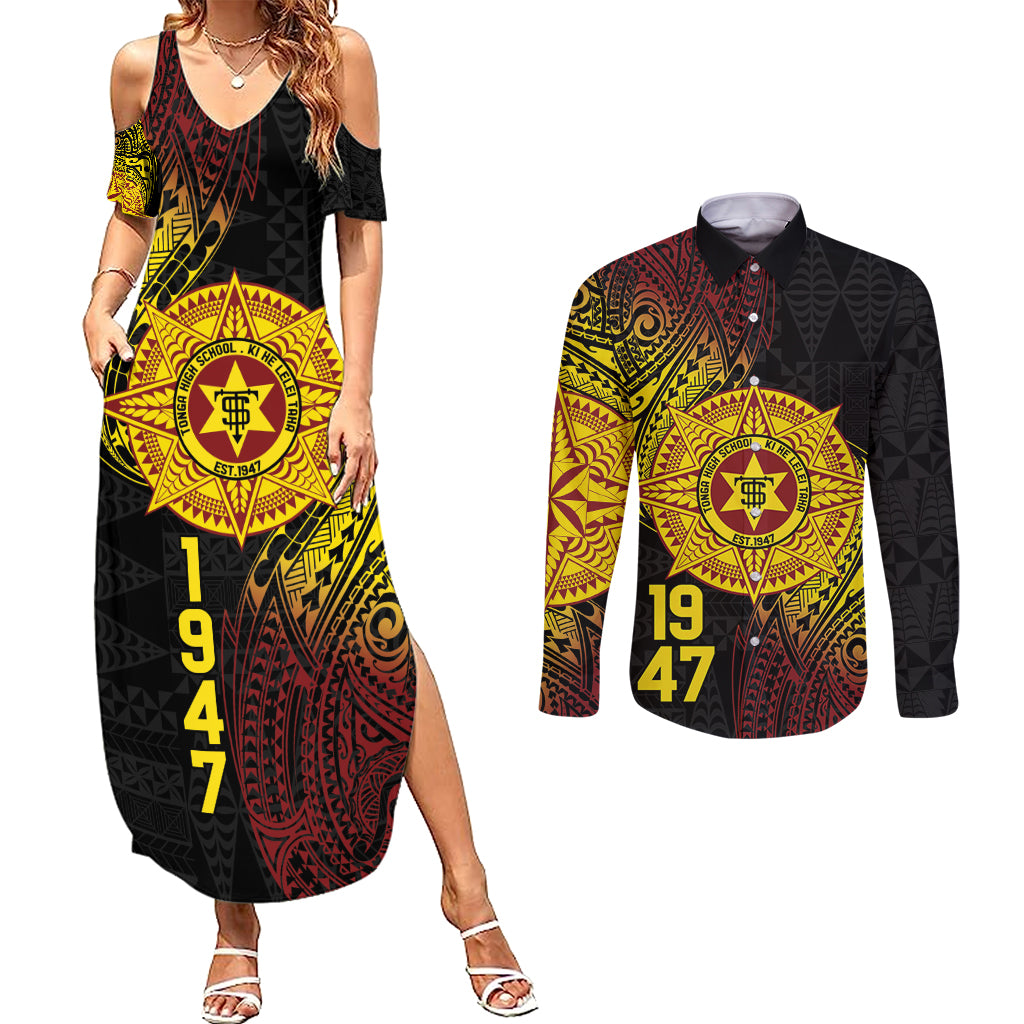 Personalised Tonga High School Couples Matching Summer Maxi Dress and Long Sleeve Button Shirt Since 1947 Special Kupesi Pattern LT9 Black - Polynesian Pride