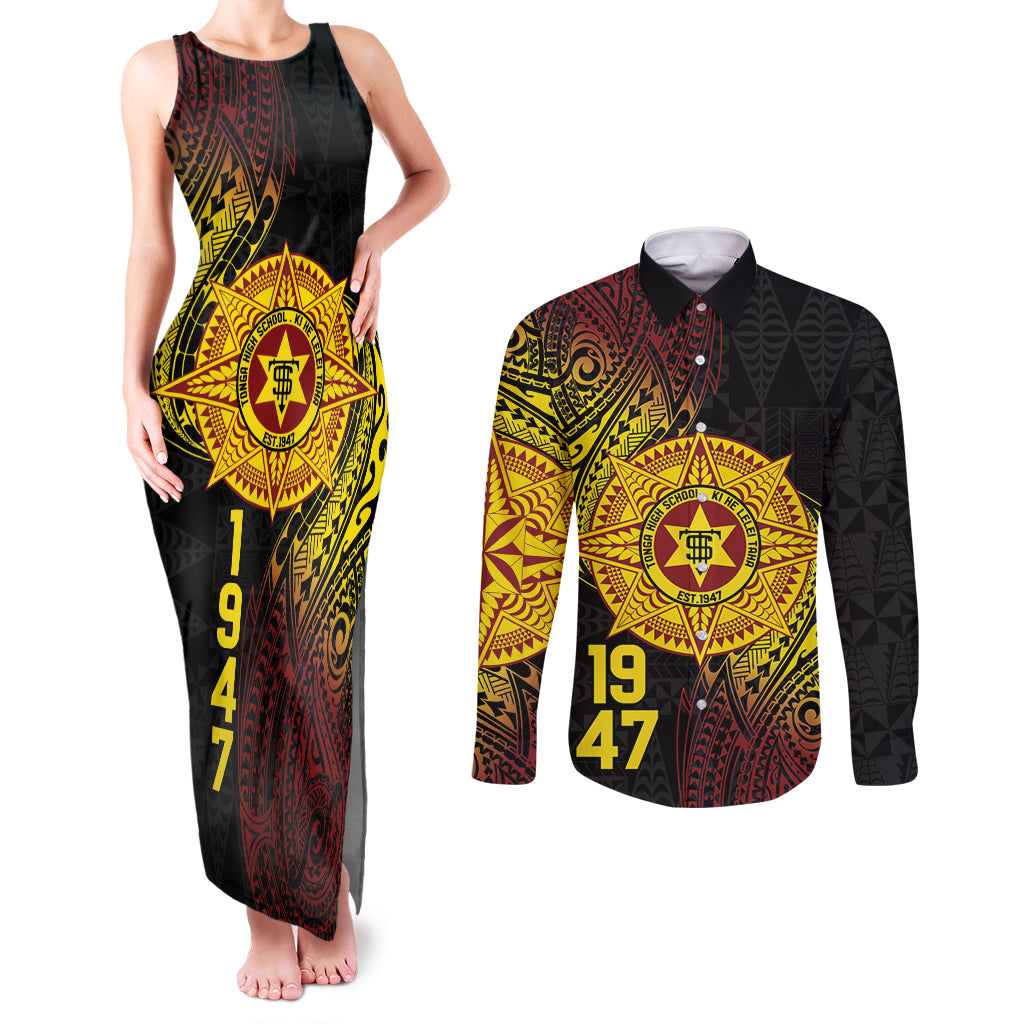 Personalised Tonga High School Couples Matching Tank Maxi Dress and Long Sleeve Button Shirt Since 1947 Special Kupesi Pattern LT9 Black - Polynesian Pride