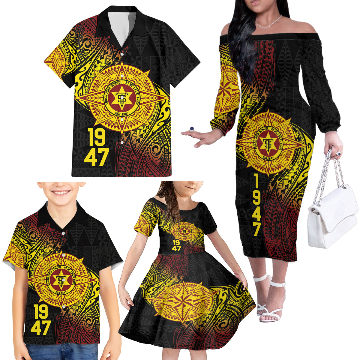 Personalised Tonga High School Family Matching Off The Shoulder Long Sleeve Dress and Hawaiian Shirt Since 1947 Special Kupesi Pattern