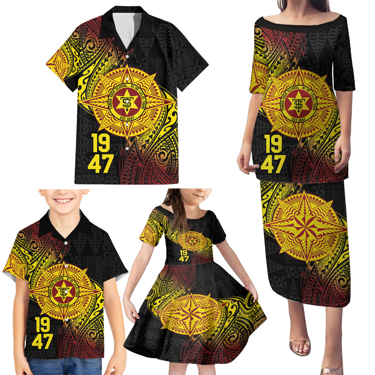 Personalised Tonga High School Family Matching Puletasi and Hawaiian Shirt Since 1947 Special Kupesi Pattern LT9 - Polynesian Pride