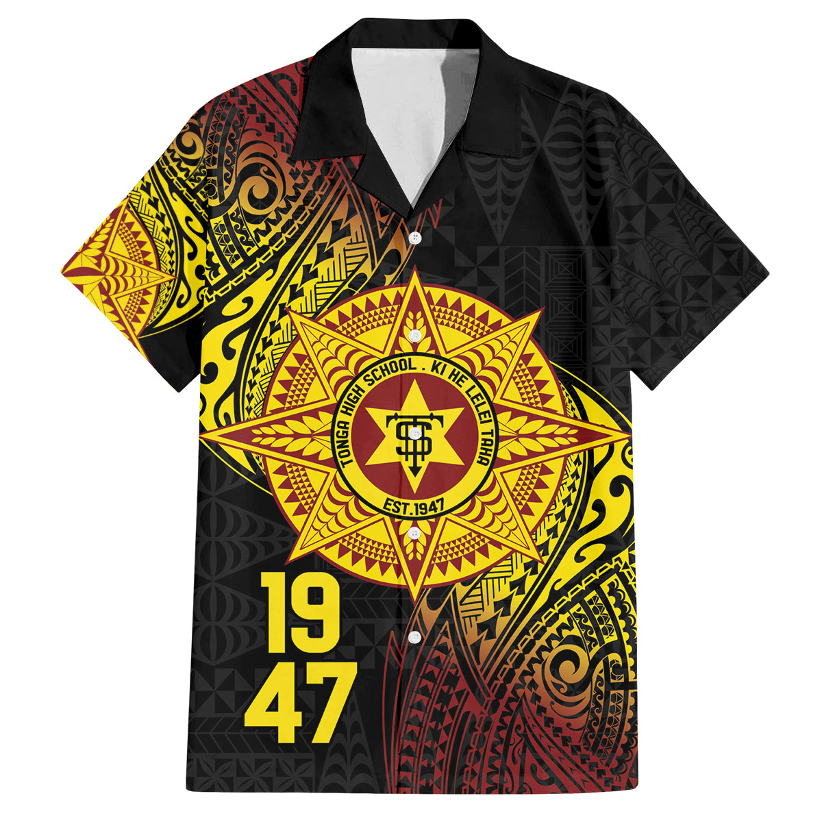 Personalised Tonga High School Family Matching Puletasi and Hawaiian Shirt Since 1947 Special Kupesi Pattern LT9 Dad's Shirt - Short Sleeve Black - Polynesian Pride