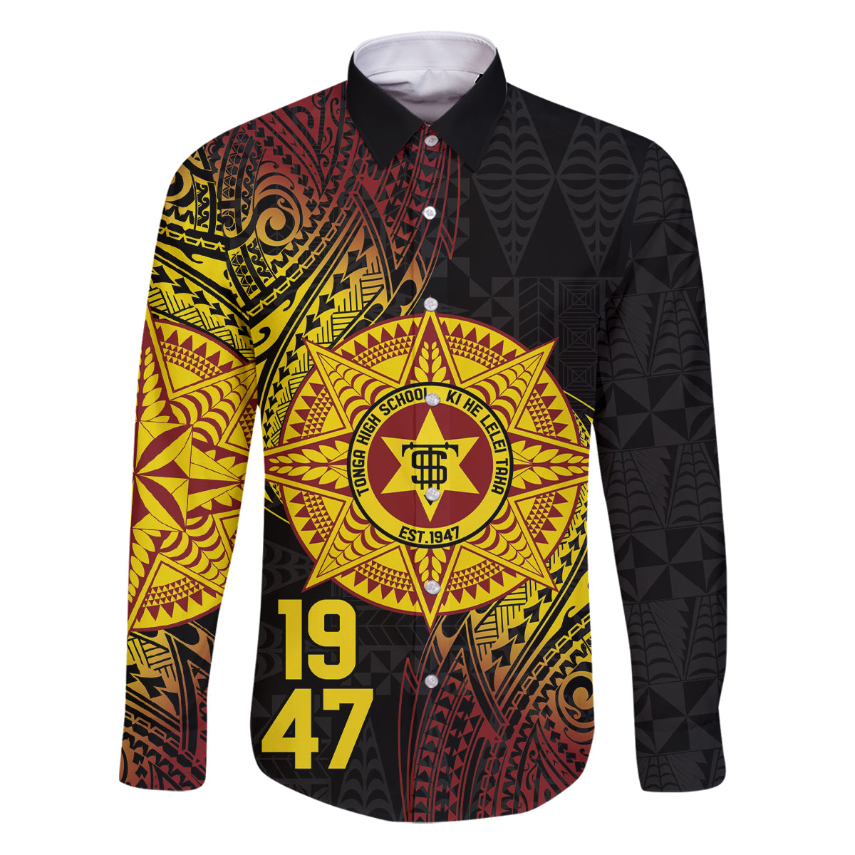 Personalised Tonga High School Family Matching Puletasi and Hawaiian Shirt Since 1947 Special Kupesi Pattern LT9 Dad's Shirt - Long Sleeve Black - Polynesian Pride