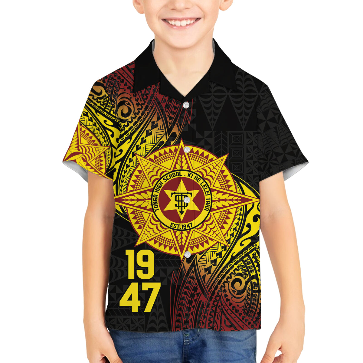 Personalised Tonga High School Family Matching Puletasi and Hawaiian Shirt Since 1947 Special Kupesi Pattern LT9 Son's Shirt Black - Polynesian Pride