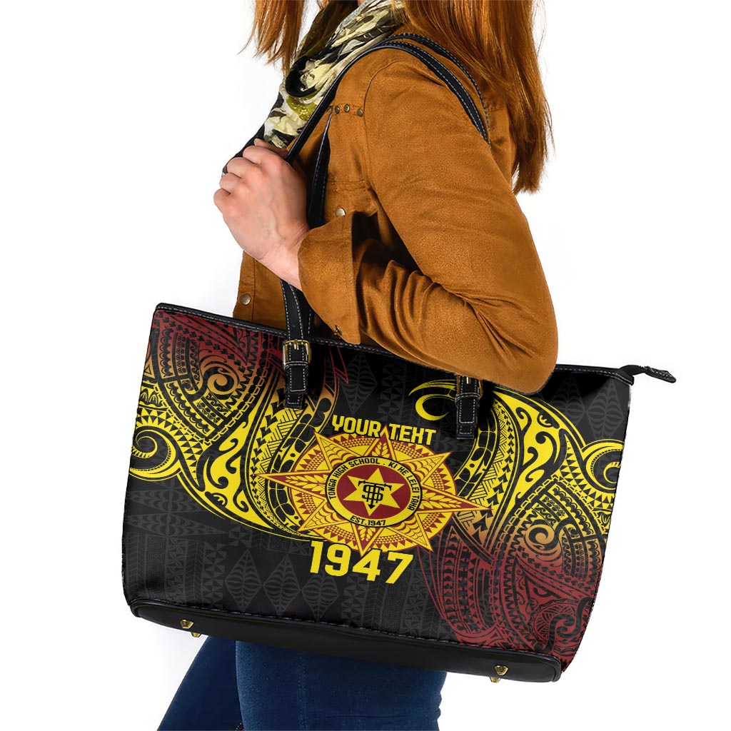 Personalised Tonga High School Leather Tote Bag Since 1947 Special Kupesi Pattern LT9 Black - Polynesian Pride