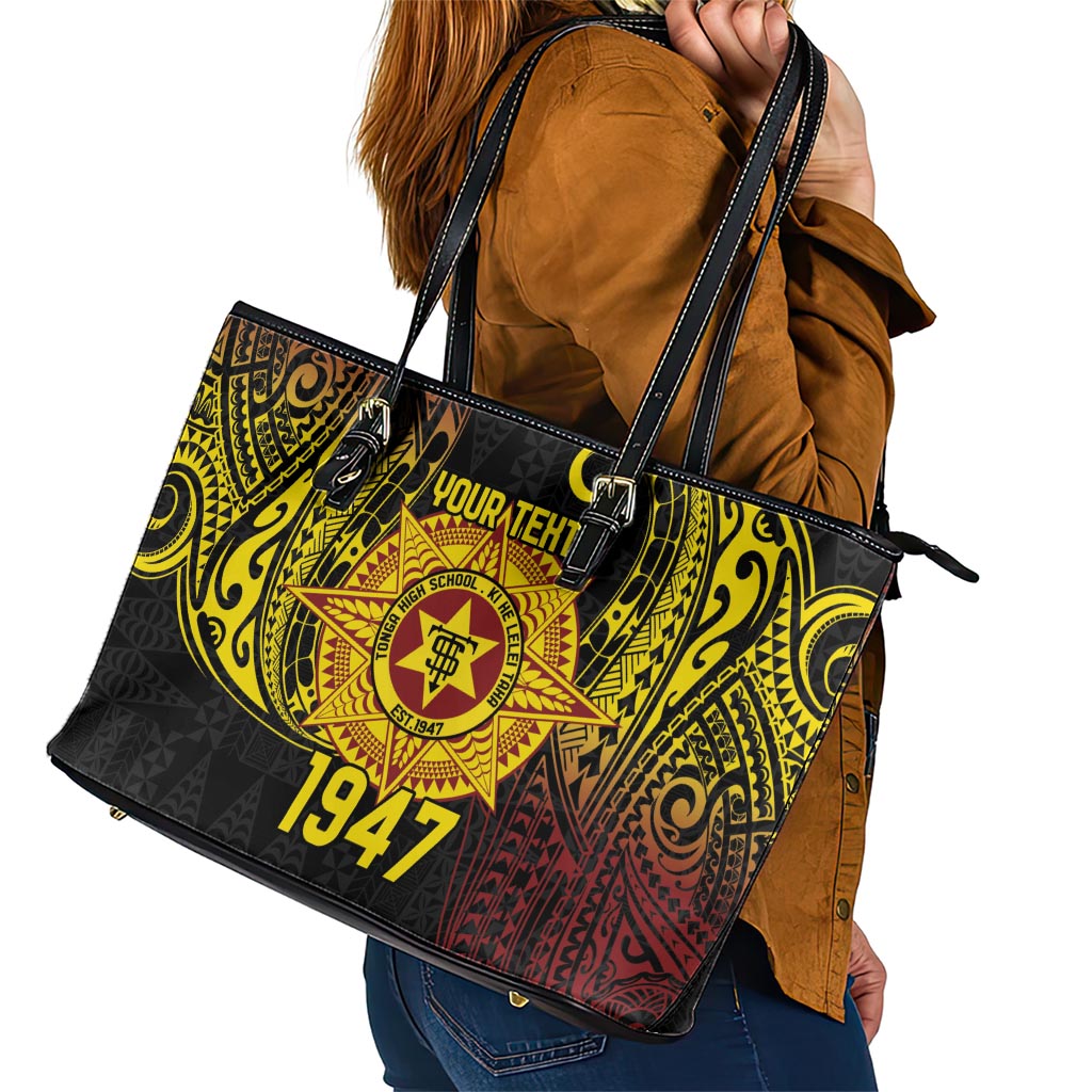 Personalised Tonga High School Leather Tote Bag Since 1947 Special Kupesi Pattern LT9 - Polynesian Pride