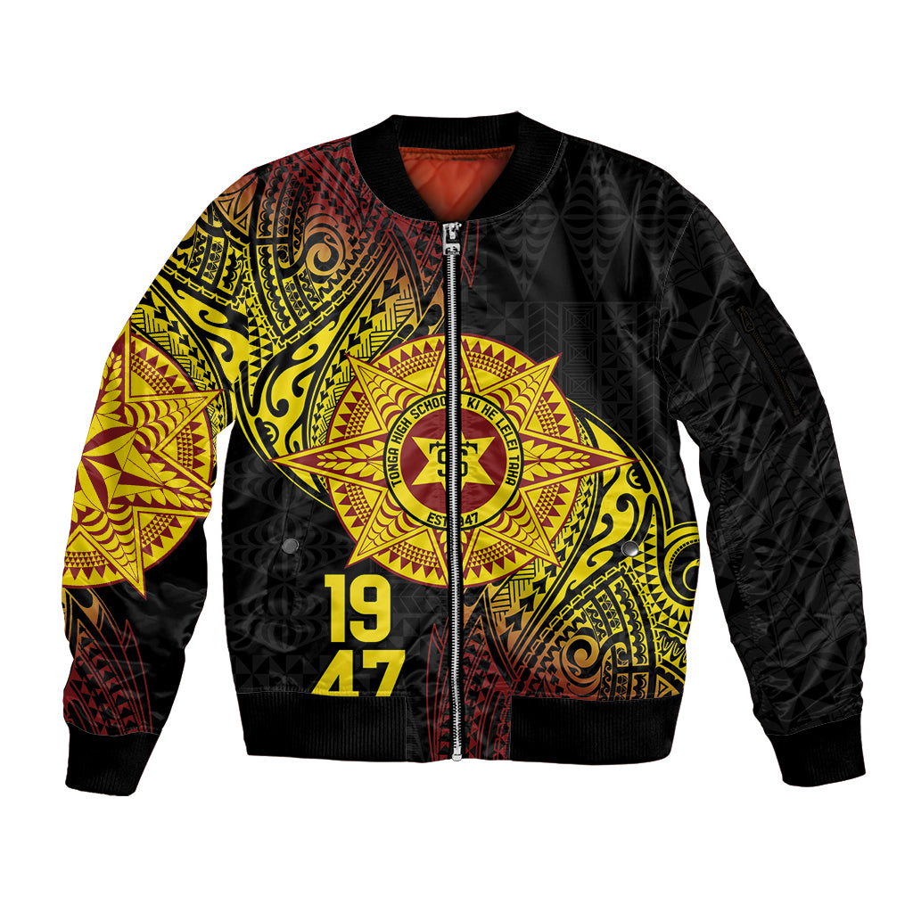 Personalised Tonga High School Sleeve Zip Bomber Jacket Since 1947 Special Kupesi Pattern LT9 Unisex Black - Polynesian Pride