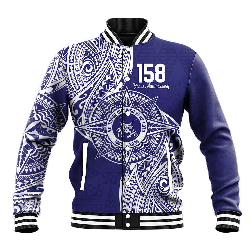 Personalised Tonga Tupou College Tolo 158th Anniversary Baseball Jacket Special Kupesi Pattern LT9 Unisex Blue - Polynesian Pride