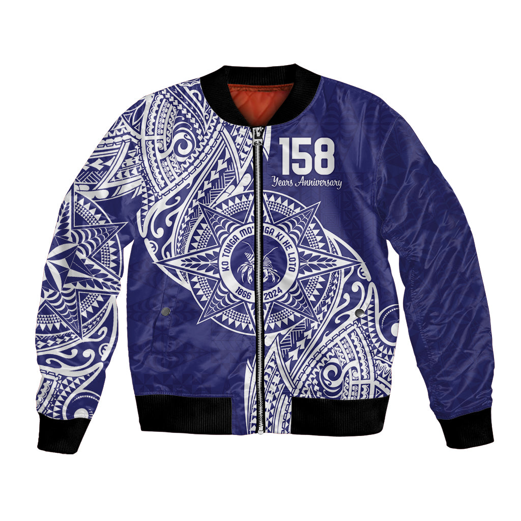 Personalised Tonga Tupou College Tolo 158th Anniversary Bomber Jacket Special Kupesi Pattern LT9 Unisex Blue - Polynesian Pride