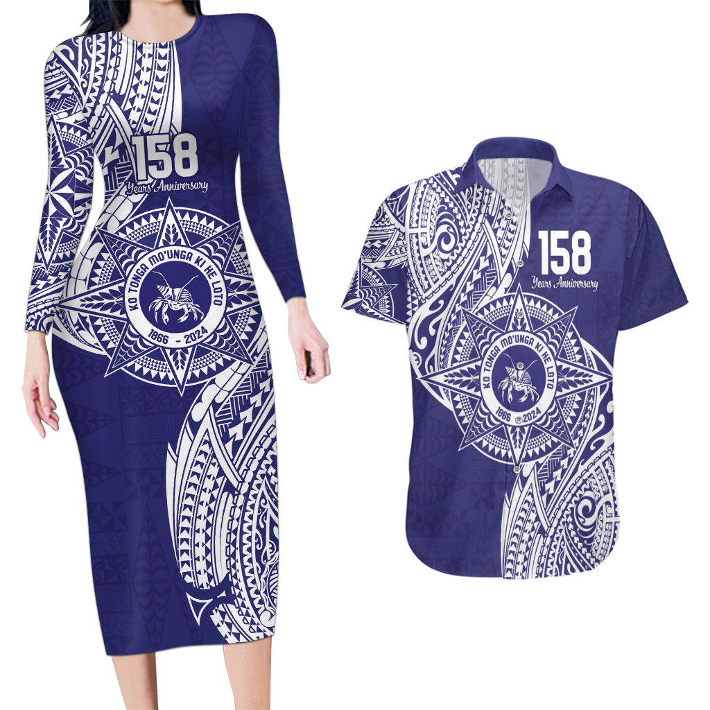 Personalised Tonga Tupou College Tolo 158th Anniversary Couples Matching Long Sleeve Bodycon Dress and Hawaiian Shirt Special Kupesi Pattern LT9 Blue - Polynesian Pride