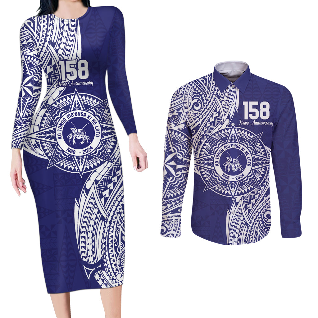 Personalised Tonga Tupou College Tolo 158th Anniversary Couples Matching Long Sleeve Bodycon Dress and Long Sleeve Button Shirt Special Kupesi Pattern LT9 Blue - Polynesian Pride