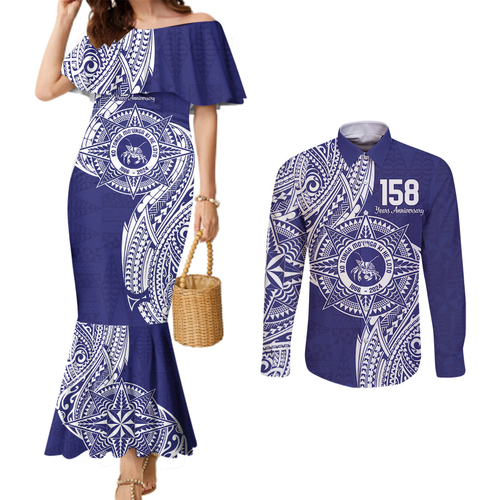 Personalised Tonga Tupou College Tolo 158th Anniversary Couples Matching Mermaid Dress and Long Sleeve Button Shirt Special Kupesi Pattern LT9 Blue - Polynesian Pride
