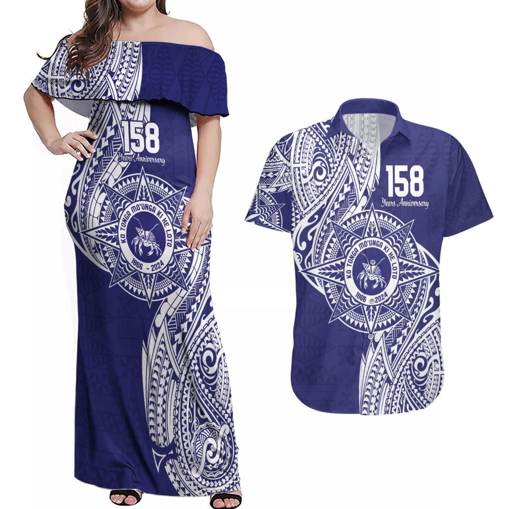 Personalised Tonga Tupou College Tolo 158th Anniversary Couples Matching Off Shoulder Maxi Dress and Hawaiian Shirt Special Kupesi Pattern