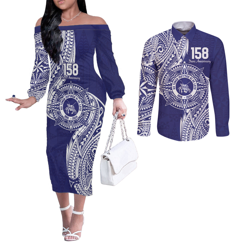 Personalised Tonga Tupou College Tolo 158th Anniversary Couples Matching Off The Shoulder Long Sleeve Dress and Long Sleeve Button Shirt Special Kupesi Pattern LT9 Blue - Polynesian Pride