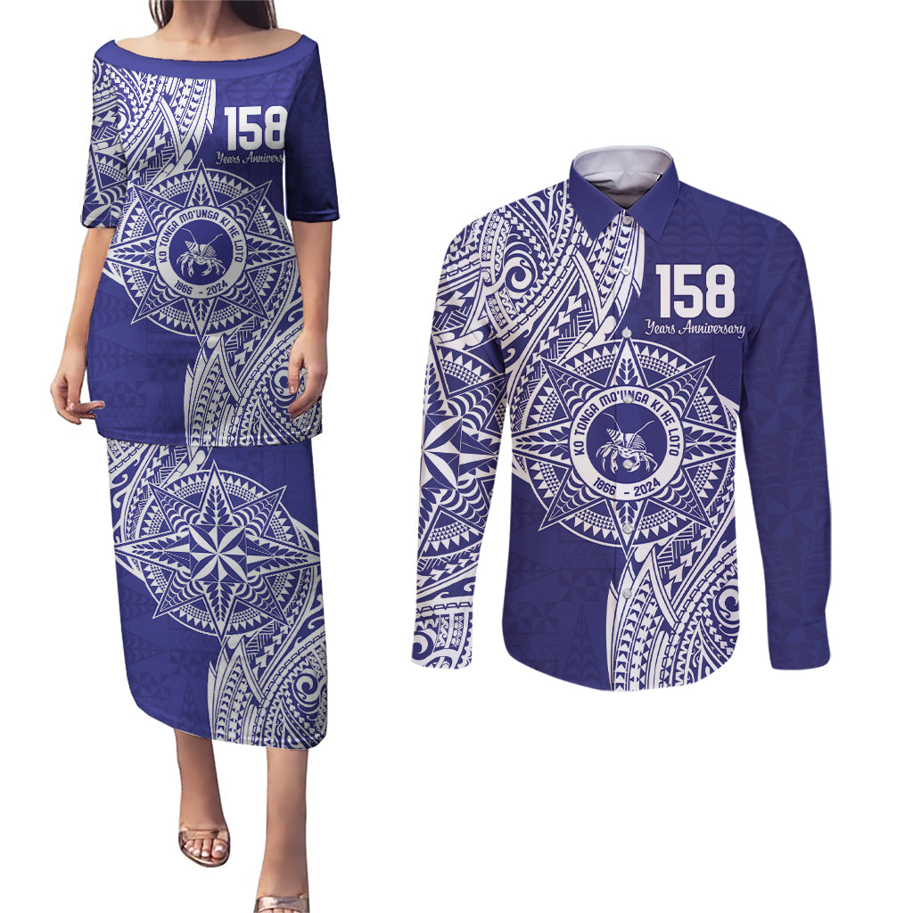 Personalised Tonga Tupou College Tolo 158th Anniversary Couples Matching Puletasi and Long Sleeve Button Shirt Special Kupesi Pattern LT9 Blue - Polynesian Pride