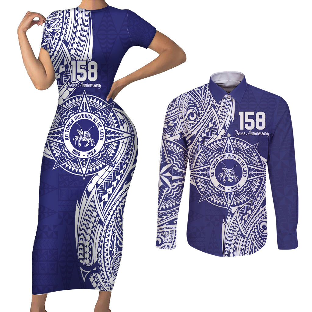 Personalised Tonga Tupou College Tolo 158th Anniversary Couples Matching Short Sleeve Bodycon Dress and Long Sleeve Button Shirt Special Kupesi Pattern LT9 Blue - Polynesian Pride