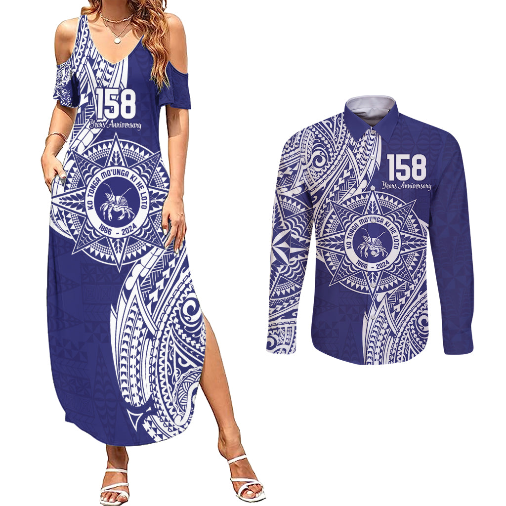 Personalised Tonga Tupou College Tolo 158th Anniversary Couples Matching Summer Maxi Dress and Long Sleeve Button Shirt Special Kupesi Pattern LT9 Blue - Polynesian Pride