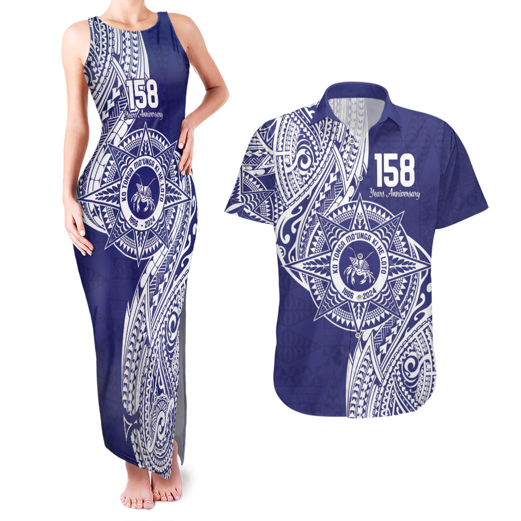 Personalised Tonga Tupou College Tolo 158th Anniversary Couples Matching Tank Maxi Dress and Hawaiian Shirt Special Kupesi Pattern LT9 Blue - Polynesian Pride