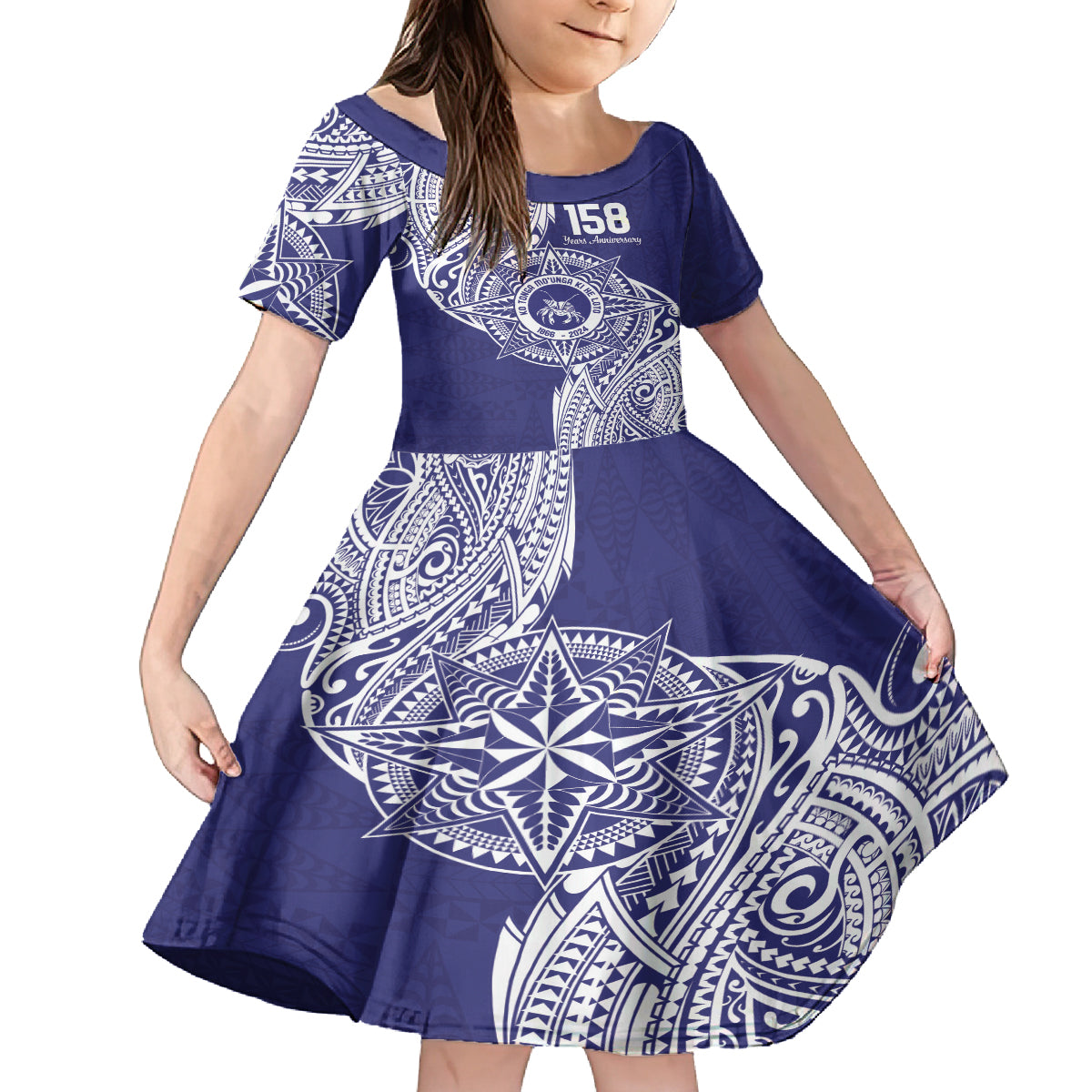 Personalised Tonga Tupou College Tolo 158th Anniversary Family Matching Off The Shoulder Long Sleeve Dress and Hawaiian Shirt Special Kupesi Pattern LT9 Daughter's Dress Blue - Polynesian Pride